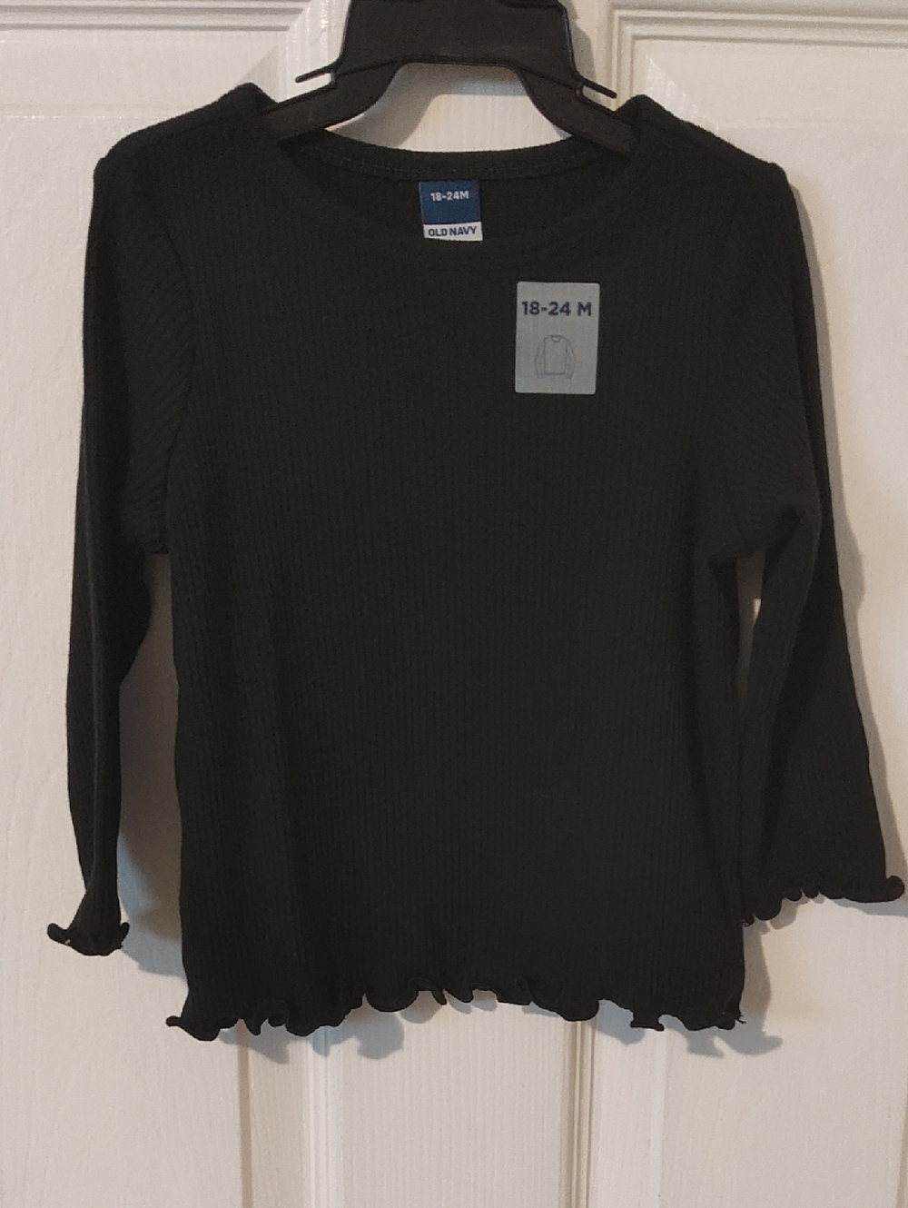 Black Ribbed Long Sleeve Top with Lettuce Trim For Toddler Girls